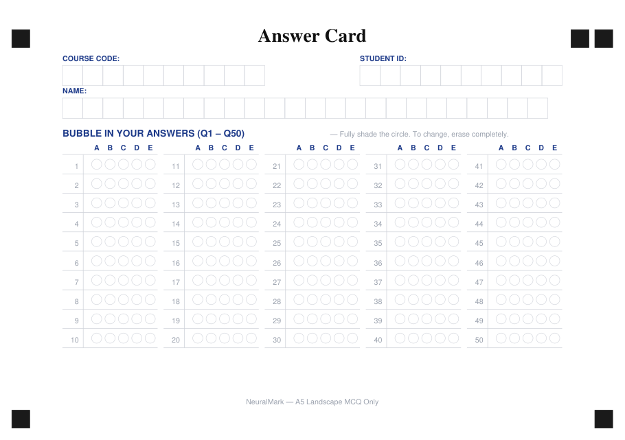 MCQ only Q1 to 50 A5 landscape answer card