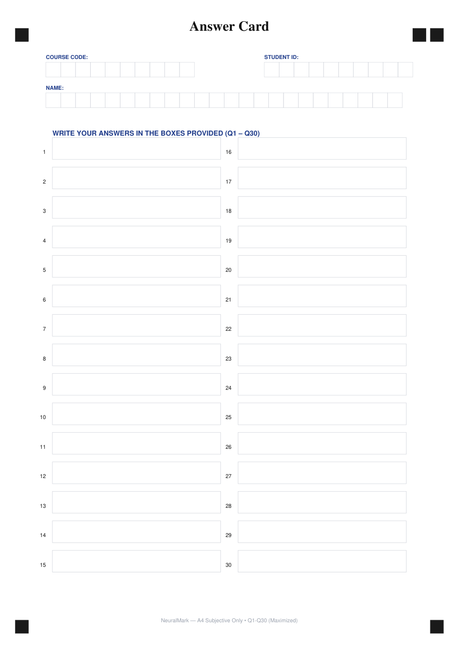 Subjective only Q1 to 30 A4 portrait answer card